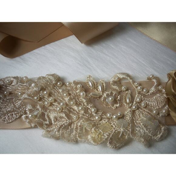 Champaign Pearl Lace Floral Wedding Prom MOB Party Belt Sash - Picture 1 of 6